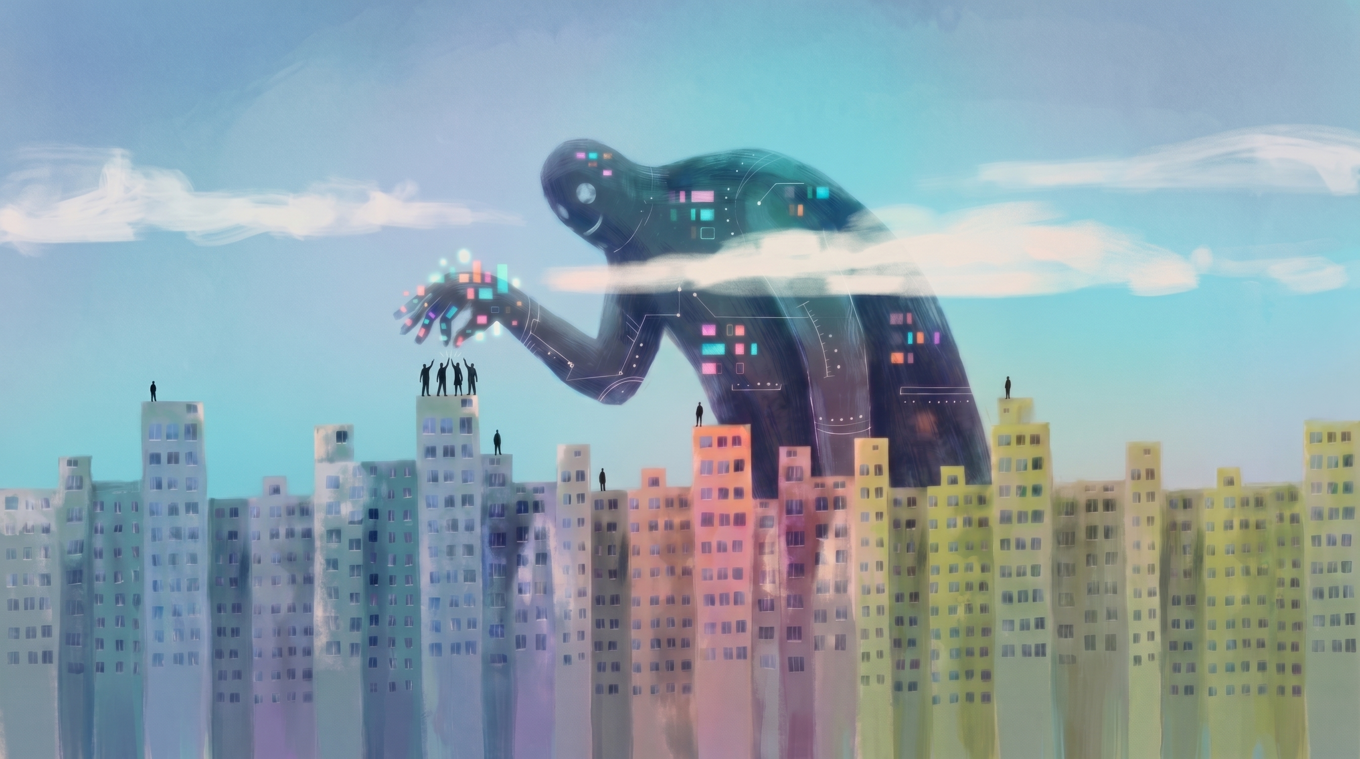 A giant robotic AI figure towering over a city skyline, reaching toward a small group of people on a rooftop, visualising the AI as an ever-present fifth team member on every agency campaign